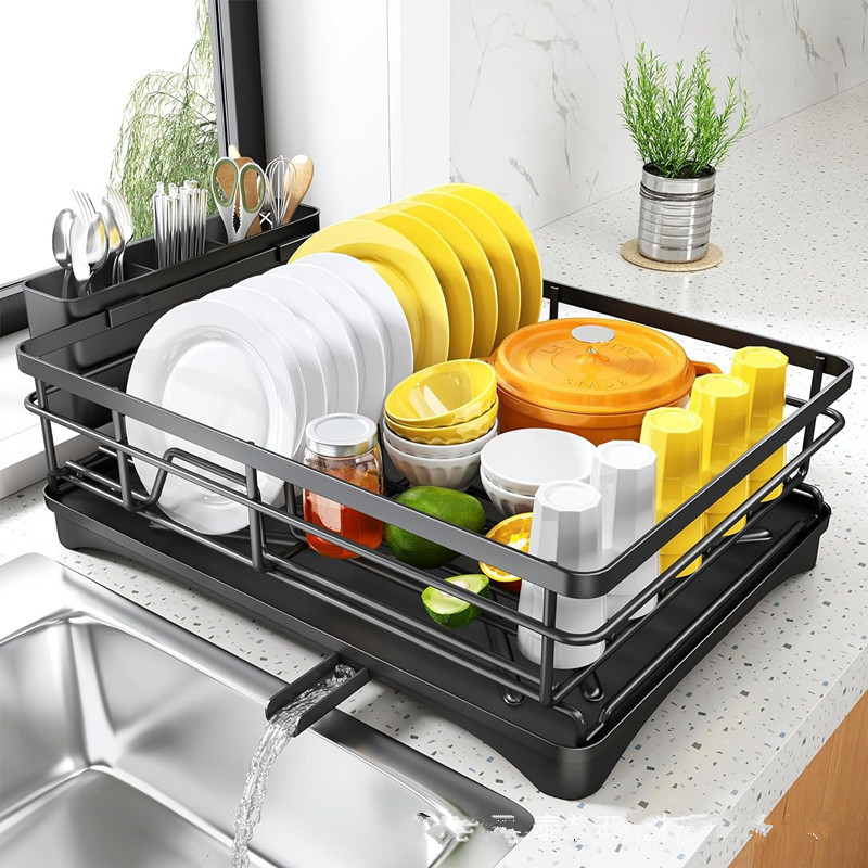 Dish Drying Rack with Utensil Holder – Black
