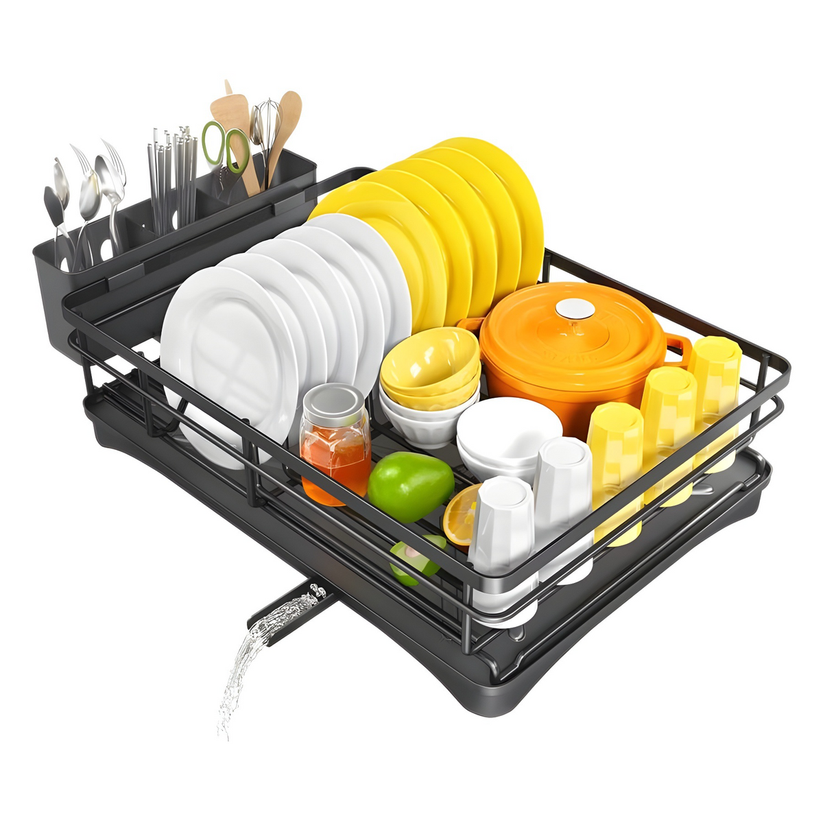 Dish Drying Rack with Utensil Holder – Black
