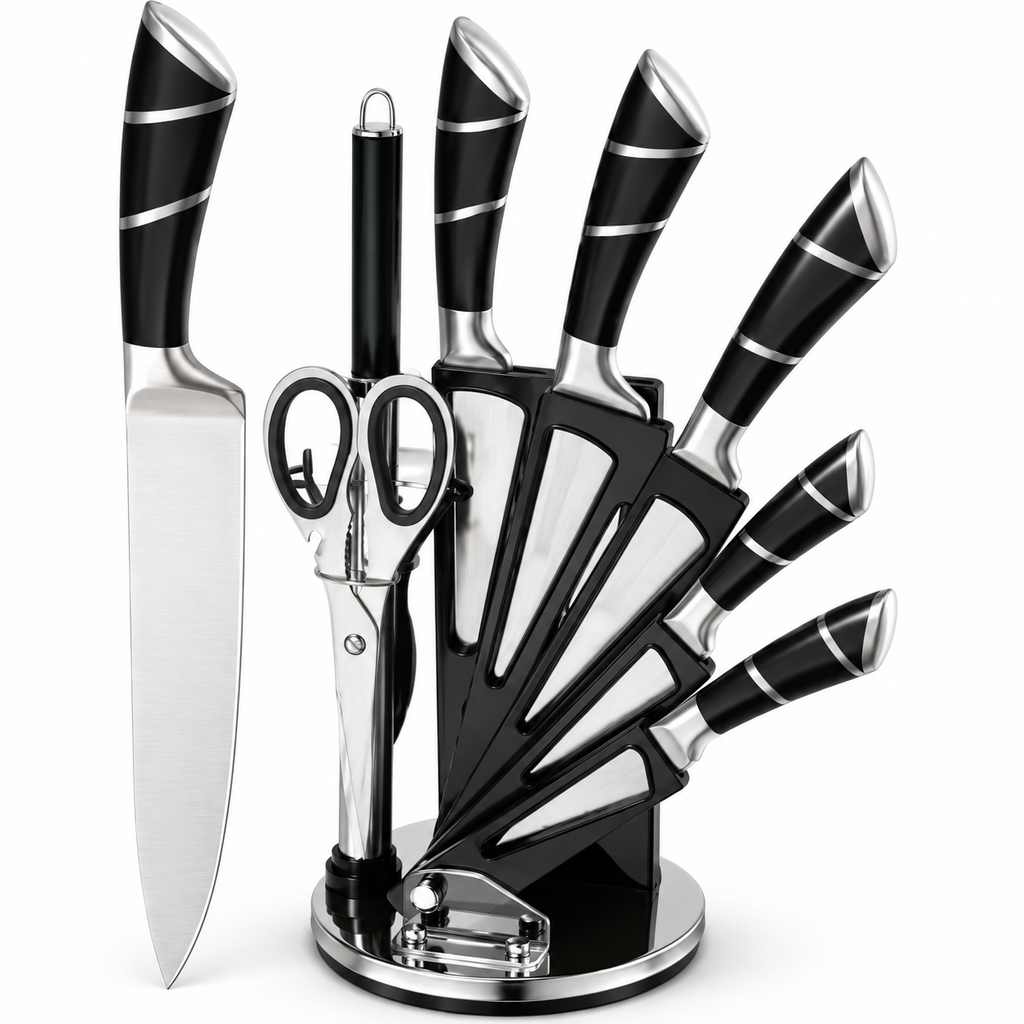 9-Piece Kitchen Knife Set with Acrylic Stand – Black
