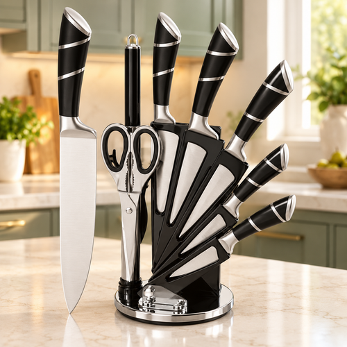 9-Piece Kitchen Knife Set with Acrylic Stand – Black