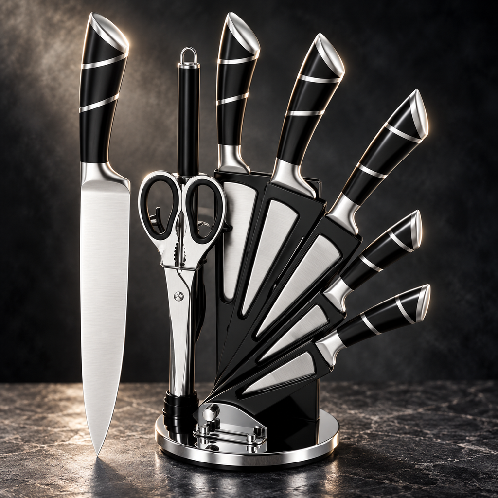 9-Piece Kitchen Knife Set with Acrylic Stand – Black
