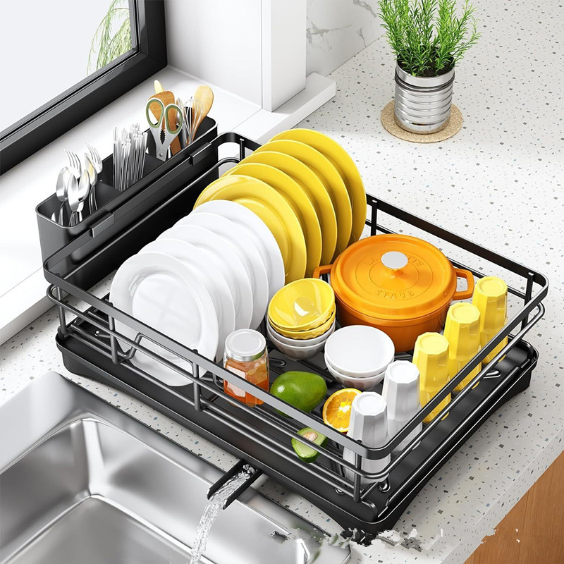 Dish Drying Rack with Utensil Holder – Black